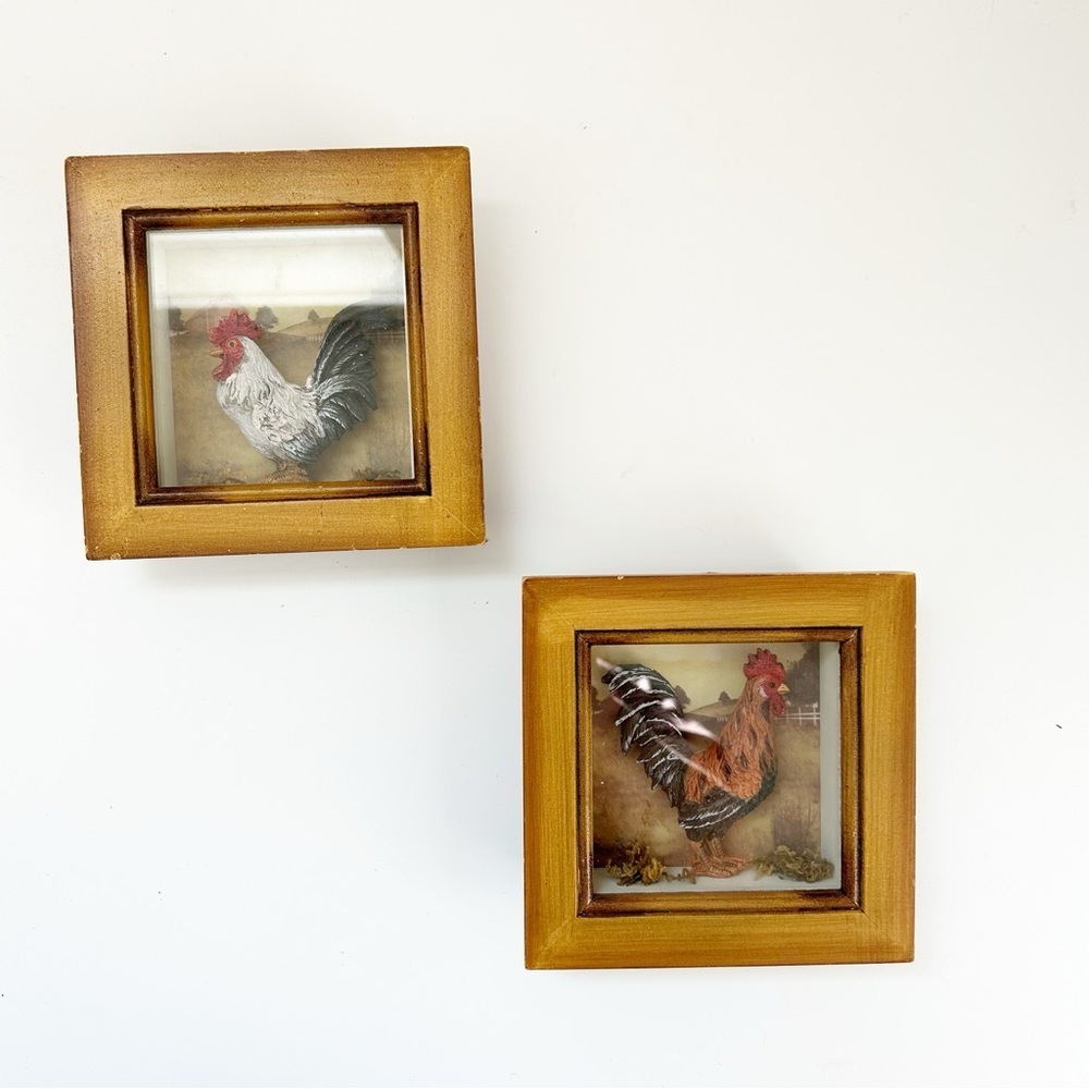 Two Rustic Rooster Shadow Box Framed Great for Gallery Wall